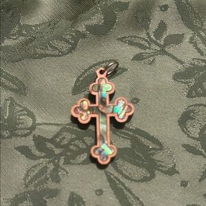 Wooden cross pendant with abalone shell for necklace